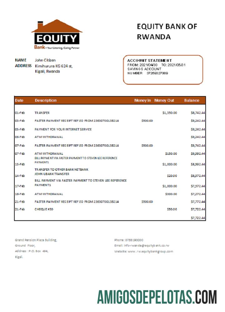 Extrato bancário de patrimônio de Ruanda para impressão, modelo fácil de preencher em formato de arquivo .xls e .pdf.1
